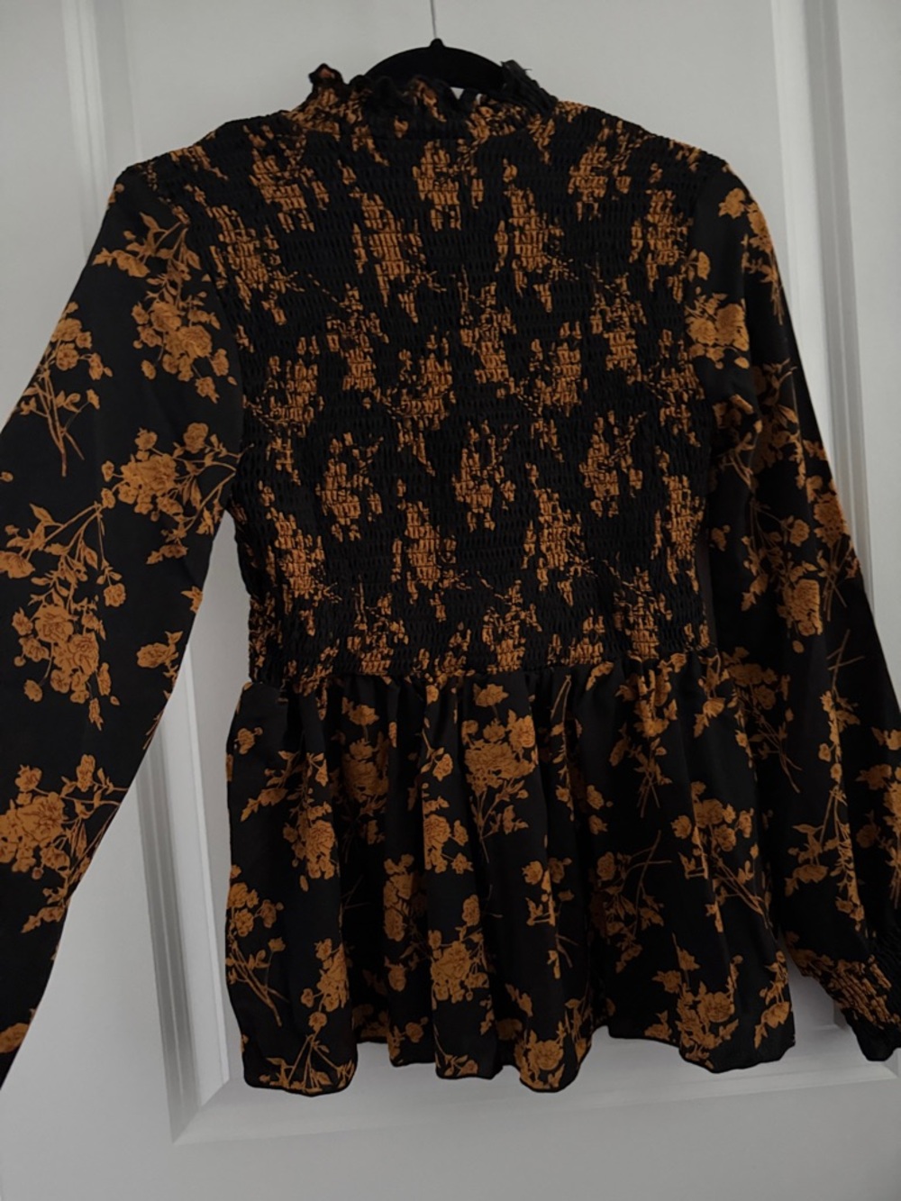 SHEIN Black Long-Sleeve Smocked Peplum Top with Mustard Floral